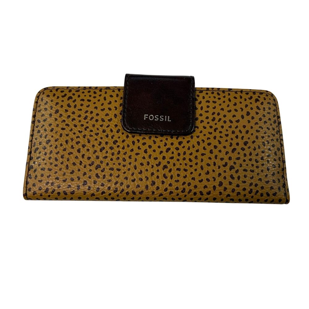 NWOT Fossil leather leopard print brown wallet. billfold, 8 x 4